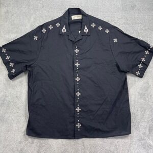 Maison Article Button Up Shirt Mens L Black Embroidered Crosses Linen Blend